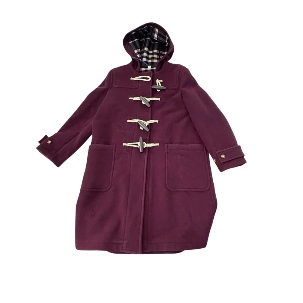Burberry Belfield Women's Wine Red Merino Wool Hooded‎ Overcoat, Size 4 - Picture 8 of 16